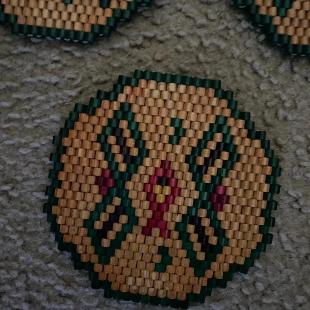 Vintage Set Of 3 Wooden Beaded Geometric Patterned Trivets For Hot Cookware 6in
